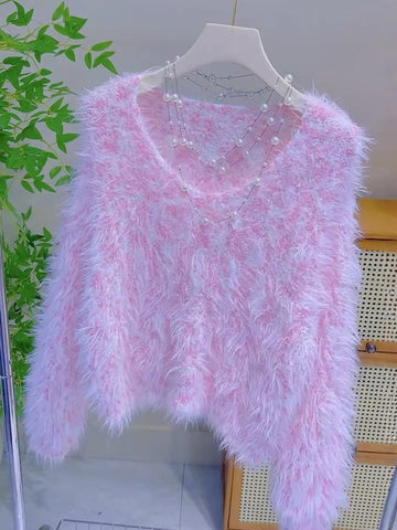 Cozy Fuzzy Texture Soft Fluffy Pink Sweater