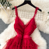 Ruffles Adjustable Straps Layered Red Tulle Dress