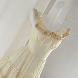 Lace-Trimmed Ruffles Bow Cream Tiered Dress