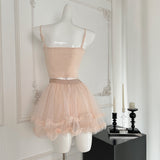 Cardigan Bow-Embellished Top Layered Tulle Skirt Pink Set