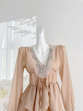 Embellished Sheer Long Sleeves Tiered Beige Dress