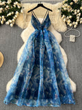 Flowing Skirt Silk-Inspired Blue Dress