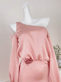 Rose Waist Long Sleeves Pink One-Shoulder Dress