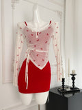 Bow-Embellished Sheer Mesh Top Red and White Dress