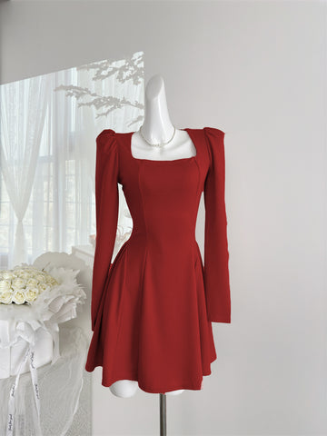 Structured Shoulders Flattering Square Red Dress