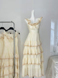 Lace-Trimmed Ruffles Bow Cream Tiered Dress