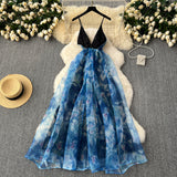 Flowing Skirt Silk-Inspired Blue Dress