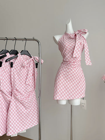 Side Bow Pink Gingham Halter Dress