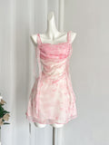 Ribbon-Tie Flared Skirt Pink Floral Dress