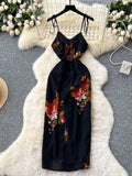 Straps Vibrant Floral Prints Black Maxi Dress