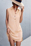 V-neck button sleeveless vest slit dress casual skirt