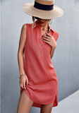 V-neck button sleeveless vest slit dress casual skirt