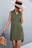 V-neck button sleeveless vest slit dress casual skirt