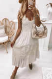 lace stitching solid color pullover V-neck nine-point dress