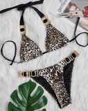 sexy leopard diamond low waist gathered split swimsuit