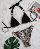 sexy leopard diamond low waist gathered split swimsuit