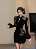 Printed stitching slim velvet dress