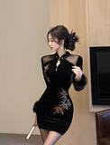 Printed stitching slim velvet dress