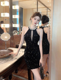 High-end French banquet neck sequined dress dress