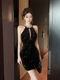 High-end French banquet neck sequined dress dress