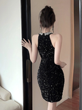 High-end French banquet neck sequined dress dress