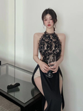 Sexy big backless perspective lace high slit dress