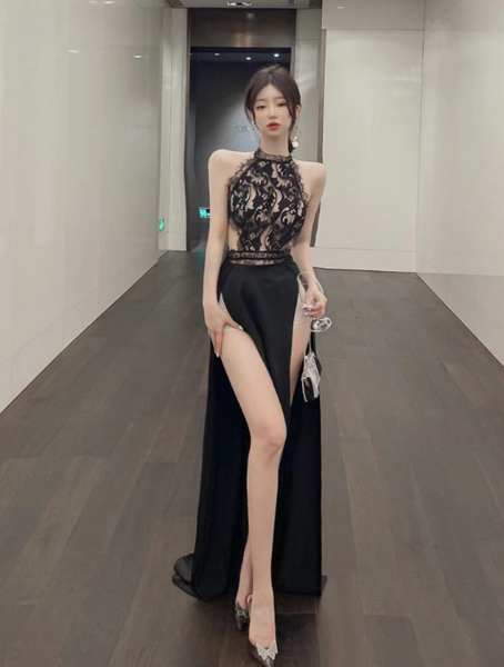 Sexy big backless perspective lace high slit dress