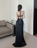 Sexy big backless perspective lace high slit dress