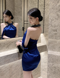 Sexy neck drill chain backless satin slim dress