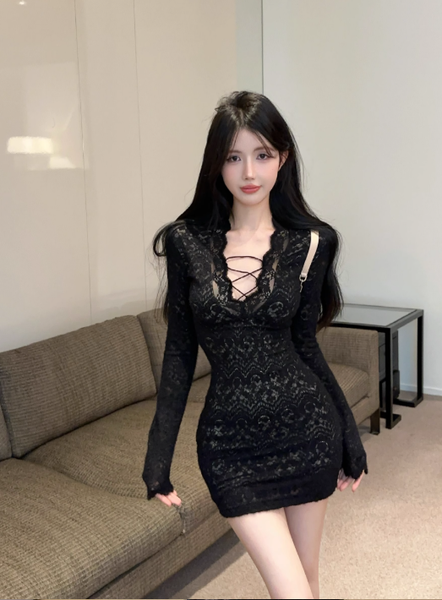 Pure desire hot girl cross hollow slim lace dress