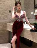 French temperament velvet rhinestone split dress dress