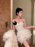 French celebrity tube top stitching feather fluffy dress