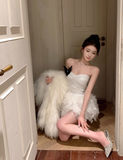 French celebrity tube top stitching feather fluffy dress