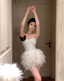 French celebrity tube top stitching feather fluffy dress