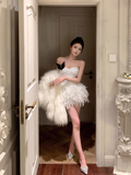 French celebrity tube top stitching feather fluffy dress