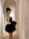 French celebrity tube top stitching feather fluffy dress