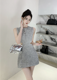 Stylish Sleeveless Tweed Mini Dress with Sequin Handbag