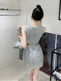 Stylish Sleeveless Tweed Mini Dress with Sequin Handbag