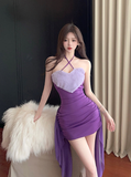 Stunning Halter Neck Mini Dress in Purple with Flowing Sashes