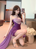 Stunning Halter Neck Mini Dress in Purple with Flowing Sashes