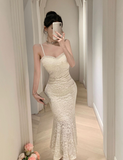 Graceful Beaded Strappy White Lace Maxi Cocktail Dress