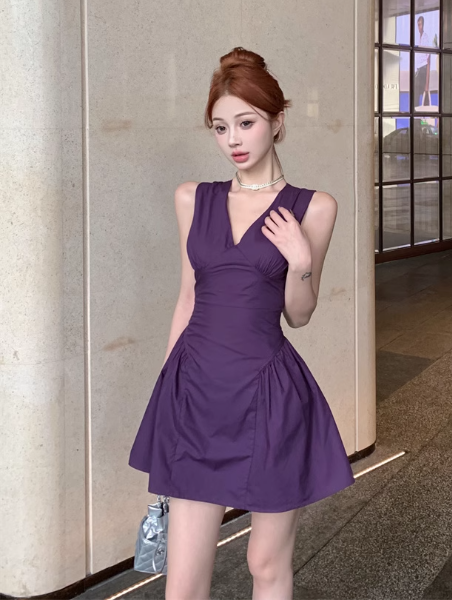 Stylish Sleeveless Purple V - neck Flared Mini Dress