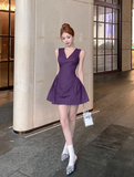 Stylish Sleeveless Purple V - neck Flared Mini Dress