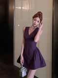 Stylish Sleeveless Purple V - neck Flared Mini Dress