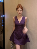 Stylish Sleeveless Purple V - neck Flared Mini Dress