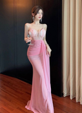 Elegant Pink Maxi Dress with Sheer Lace and Ruched Details