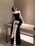 Glamorous Black Sequin Spaghetti Strap Mermaid Evening Dress