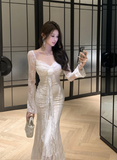 Graceful Long - Sleeve Ivory Lace Midi Dress with V - neck