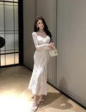 Graceful Long - Sleeve Ivory Lace Midi Dress with V - neck