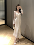 Graceful Long - Sleeve Ivory Lace Midi Dress with V - neck